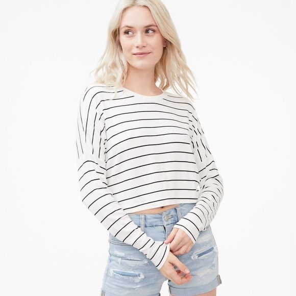 Long Sleeve Striped Cropped Dolman Slouchy Tee - Picture 2 of 7